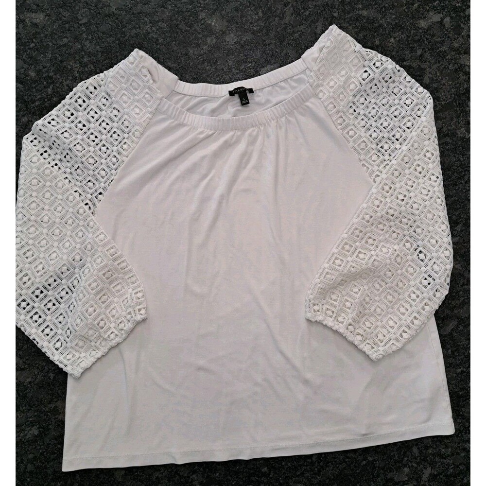 Talbots White Ponte Top w/ Lace Eyelet Sleeves Women's Size Large